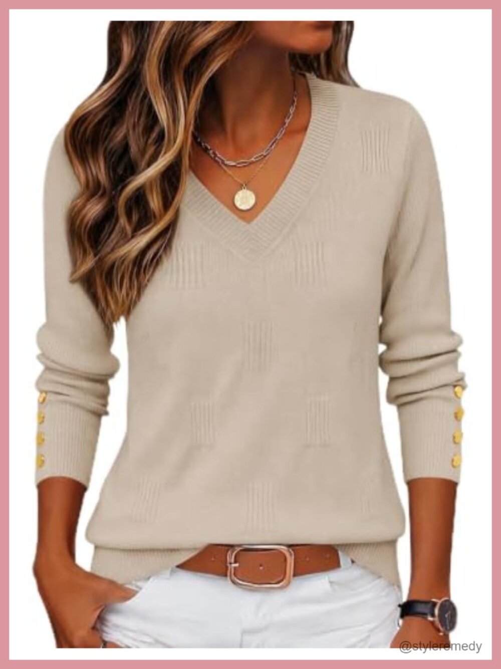 V Neck Pullover Sweater Long Sleeve Lightweight Ribbed Button Cuff